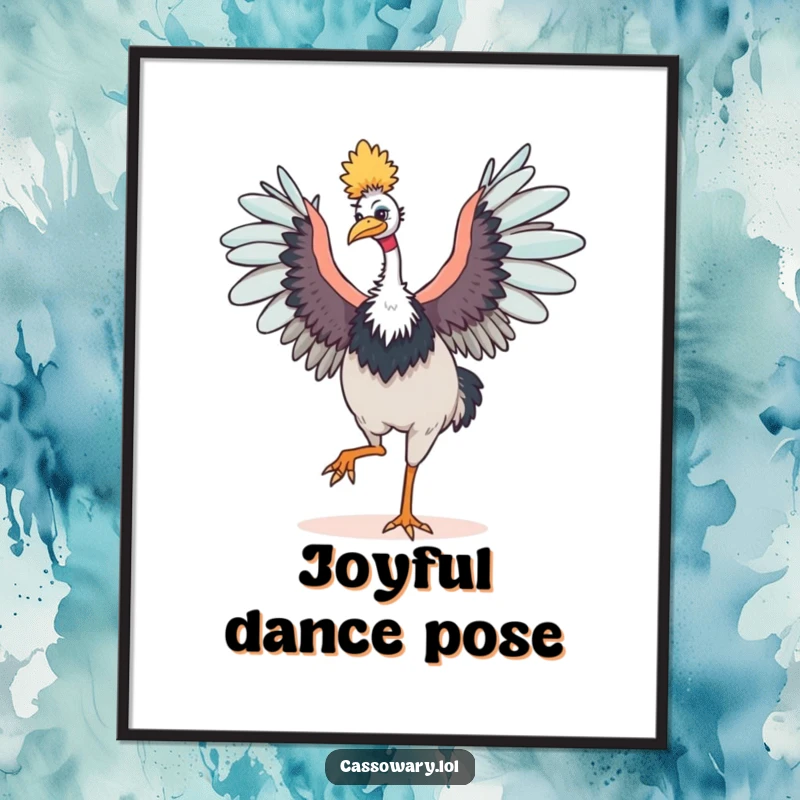 Funny cassowary digital art print of a happy bird dancing with its wings outstretched, offering instant vibrant humor and energetic appeal.