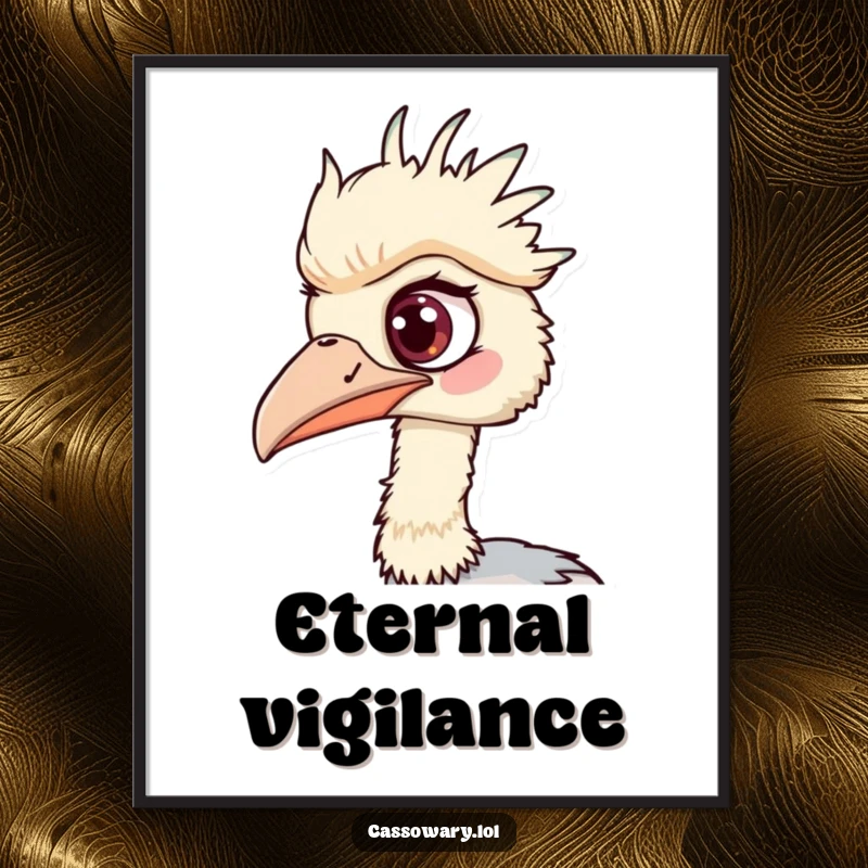 Funny Cassowary Digital Art Print: Humorous artwork of a cassowary with one eye wide, humorously spotting something fascinating.