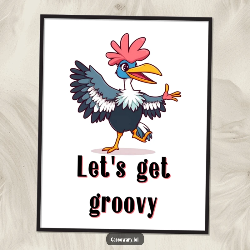 Funny cassowary digital art print of a vibrant bird with a grin, dancing energetically, bringing fun decor.