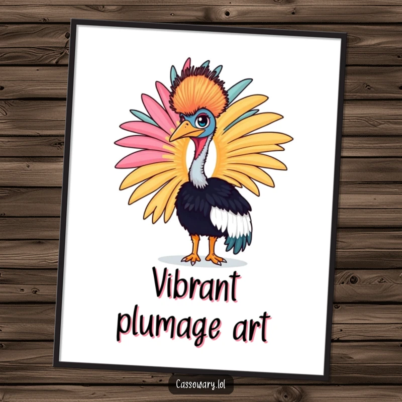 Funny cassowary digital art print of a proud bird displaying a large, colorful feather, exotic wall art.