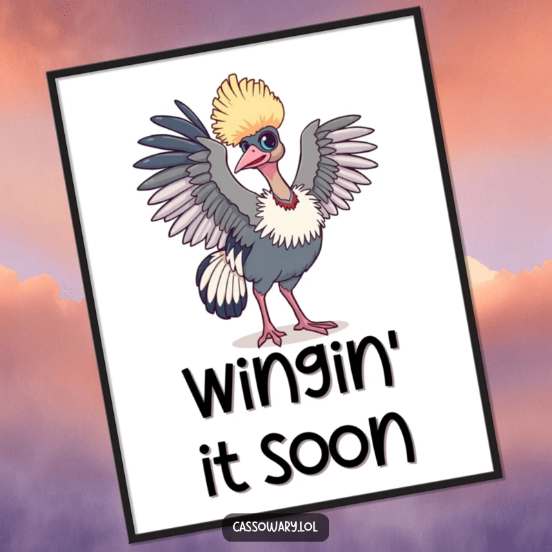 Funny cassowary digital art print of a bird with wings slightly raised, ready for flight, embodying humorous aspiration.