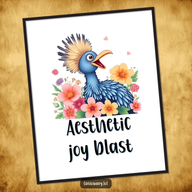 Funny digital art print of a cassowary joyfully squawking surrounded by vibrant flowers, capturing a moment of happiness.