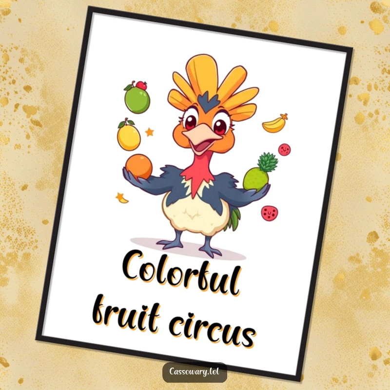 Funny cassowary digital art print of a grinning bird juggling colorful fruits, offering instant vibrant humor and artistic appeal.