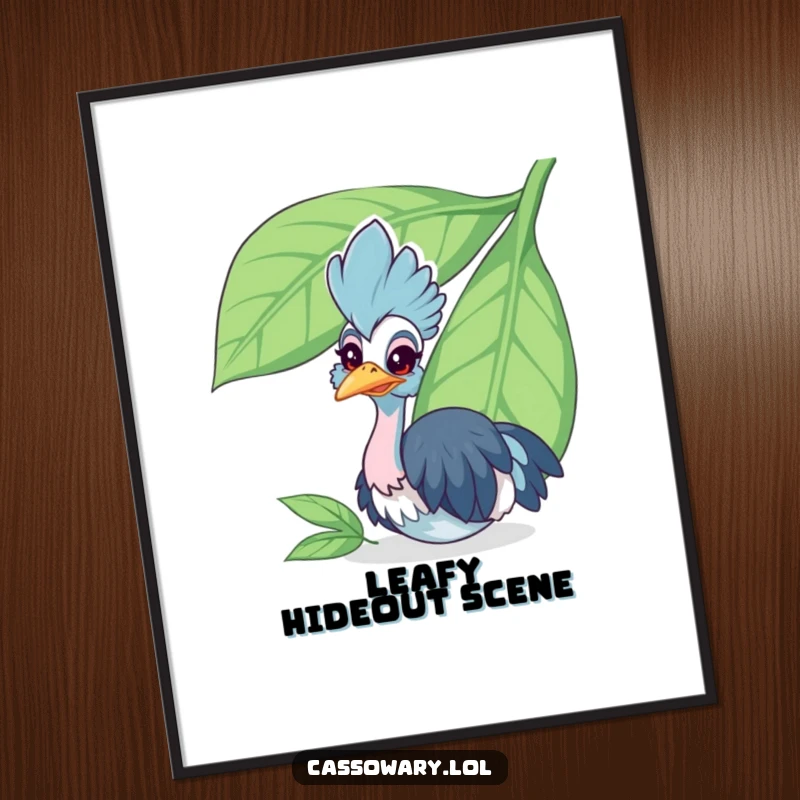 Funny cassowary digital art print of a cheerful bird peeking from behind a large leaf, offering instant humor and charm.