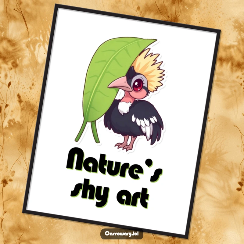 Funny cassowary digital art print, a curious bird peeking from behind a leaf, offering instant, humorous wall decor.