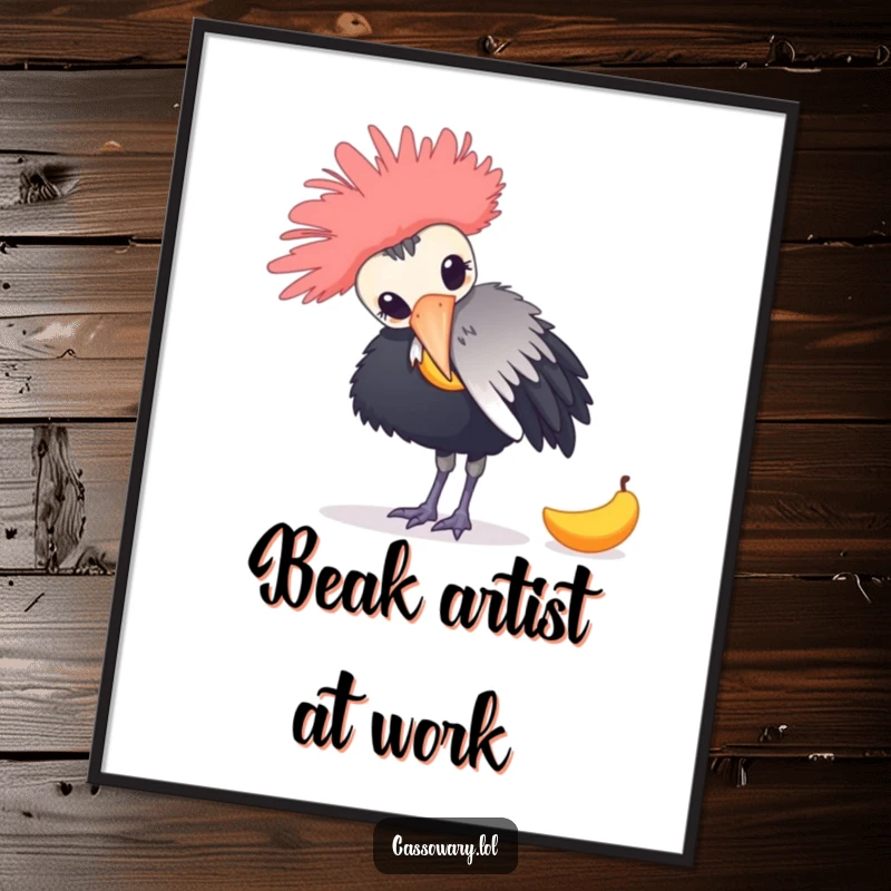 Funny digital art print of a cassowary playfully nudging a mango, capturing a humorous wildlife scene for instant download.