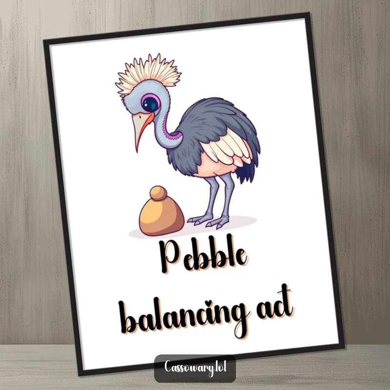 Funny Cassowary Pebble Balance Digital Art: A cassowary hilariously balancing a small pebble, perfect art. Funny gift download.