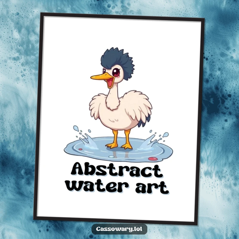Funny cassowary digital art print of a happy bird joyfully splashing in a puddle, offering instant vibrant humor and artistic flair.