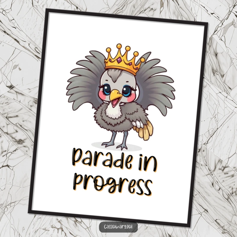 Funny cassowary wearing a crown, parading proudly, humorous and majestic digital art.