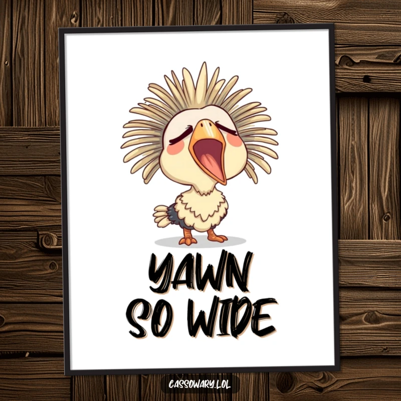 Funny digital art print of a cassowary yawning widely with a sleepy expression, perfect for instant relaxing decor.