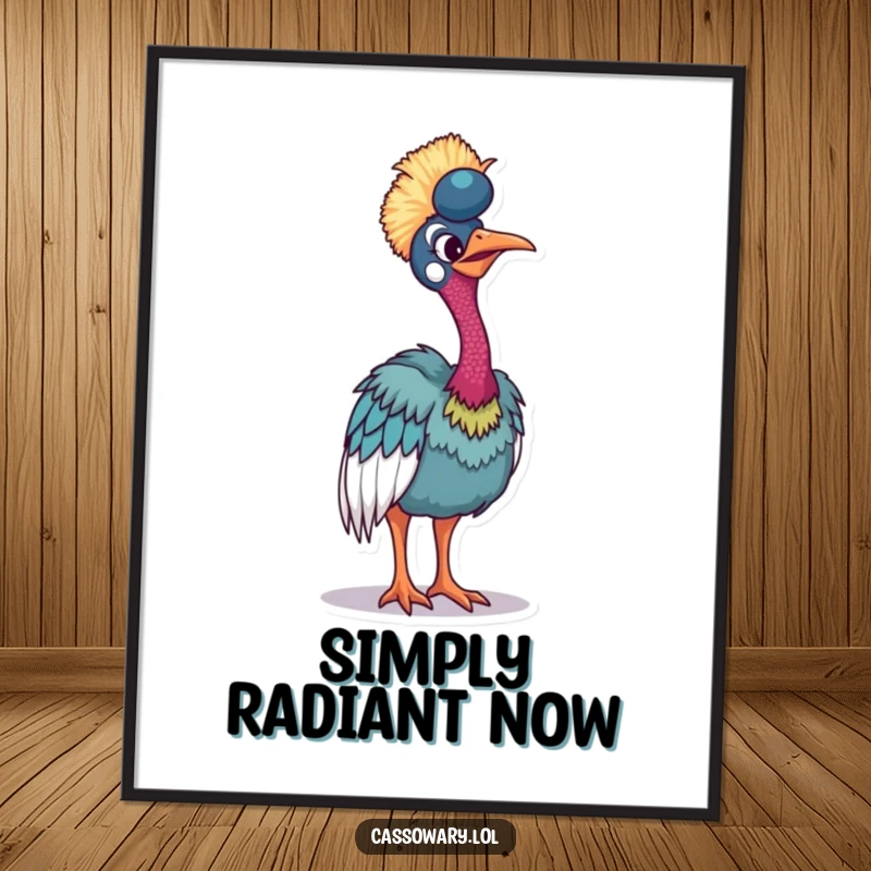 Funny cassowary digital art print of a bird tilting to show vibrant plumage, adding humorous color and style.