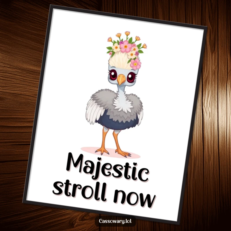 Funny cassowary digital art print of a bird wearing a floral crown and strutting proudly, perfect for humorous decor.