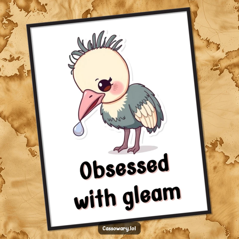 Funny Cassowary Treasure Digital Art Print: Humorous artwork of a cassowary gently nudging a small, shiny object with its beak.