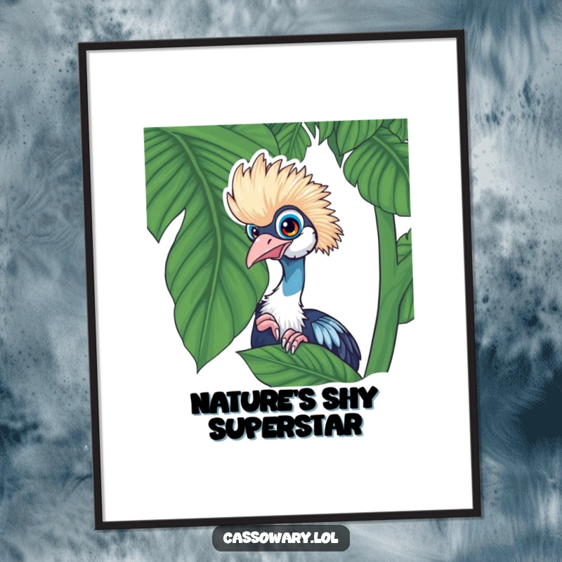 Funny cassowary digital art print of a playful cassowary peeking from behind a lush tropical leaf, ready for instant download.