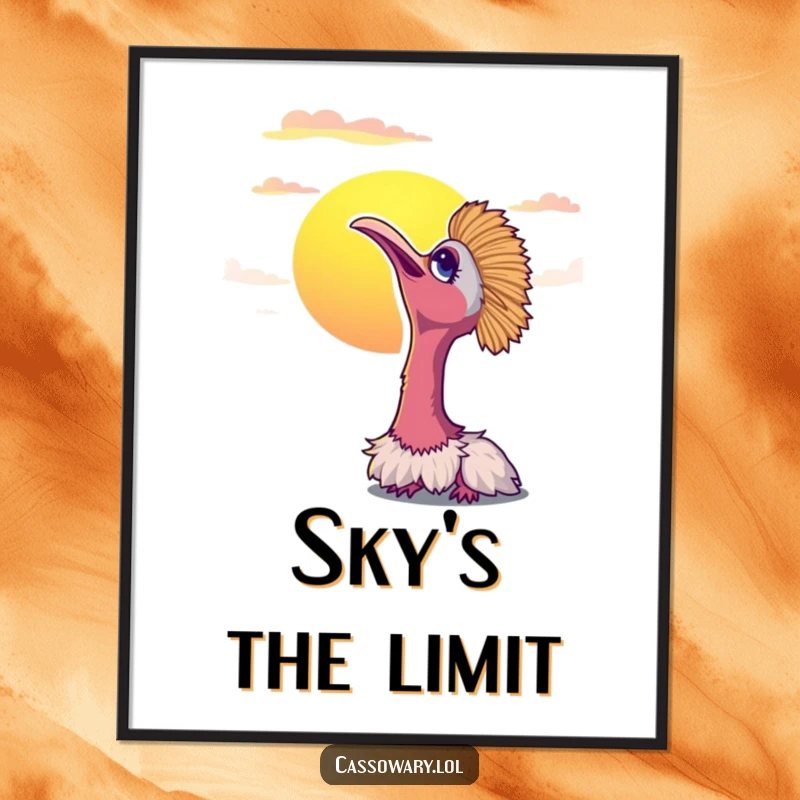 Funny cassowary digital art print of a bird looking up contentedly at a vibrant sunset. Serene instant decor.