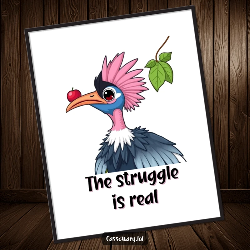 Funny cassowary digital art print of a bird reaching for a high berry, symbolizing effort and humorous ambition.