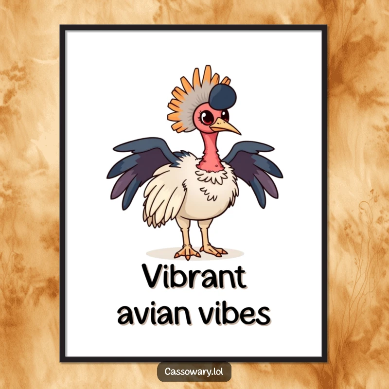 Funny cassowary digital art print of a proud bird striking a pose with its vibrant, colorful neck feathers. Instant decor.