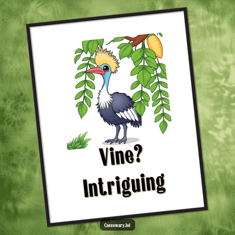 Funny cassowary digital art print of a curious bird tilting its head at a vine, suitable for instant download.