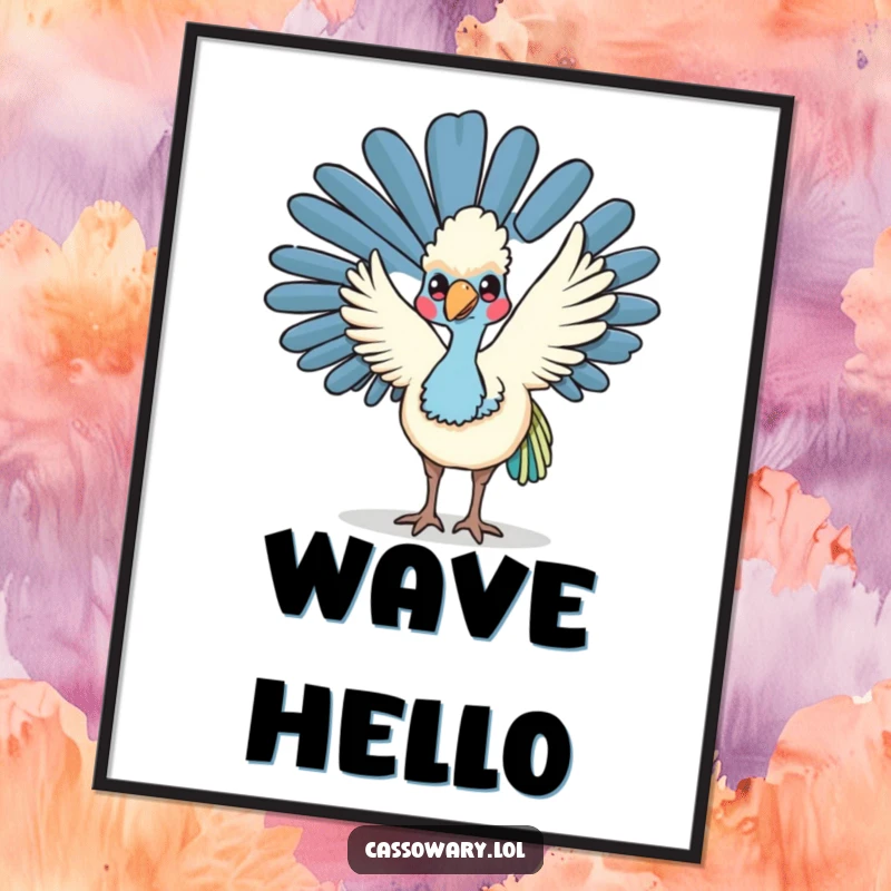 Funny kawaii cassowary digital art print showing a friendly bird waving its wing, perfect for adding a welcoming and cheerful vibe.