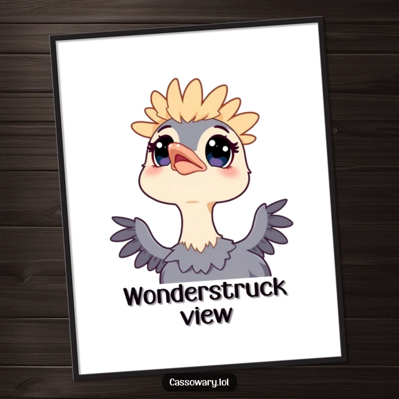 Funny digital art print of a kawaii cassowary with wide eyes looking up at the sky, conveying innocence, wonder, and curiosity.