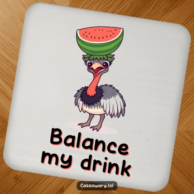 Funny drink coaster with a cassowary comically balancing a watermelon on its head, preventing rings and spreading smiles.