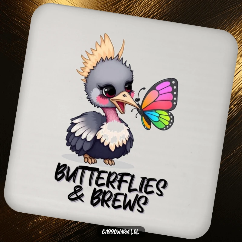 Funny coaster depicting a cassowary gently nudging a colorful butterfly with its beak, a cute addition to any table.