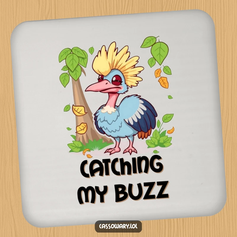 Funny drink coaster with a cassowary making a silly face while trying to catch a falling leaf, protecting surfaces and spreading smiles.