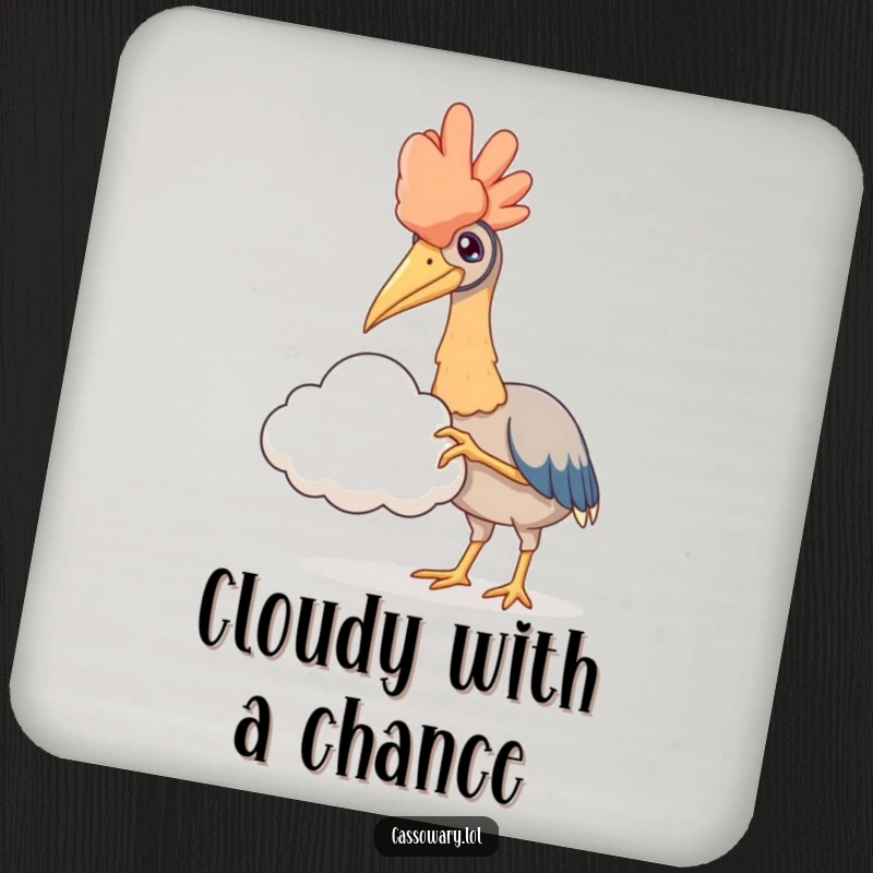 Funny drink coaster with a cassowary reaching a claw to touch a fluffy cloud, adding a whimsical and protective touch.