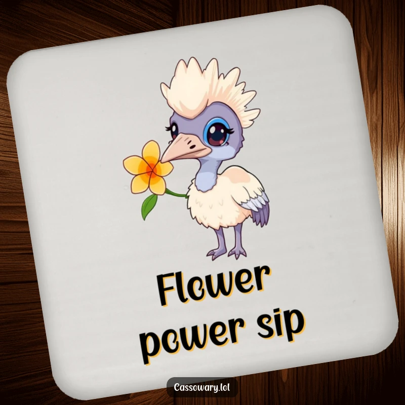 Funny drink coaster with a curious cassowary wearing a flower, protecting surfaces and adding a touch of whimsy.
