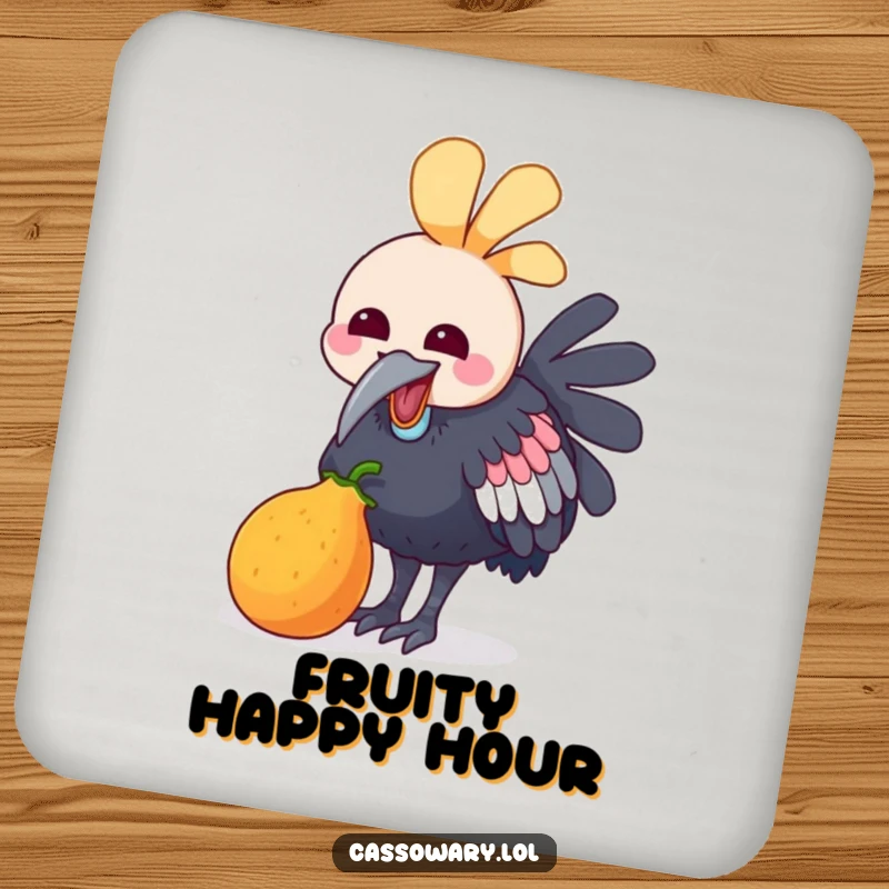 Funny drink coaster with a kawaii cassowary joyfully pecking at a colorful fruit, adding a touch of cheer and sweetness to any surface.