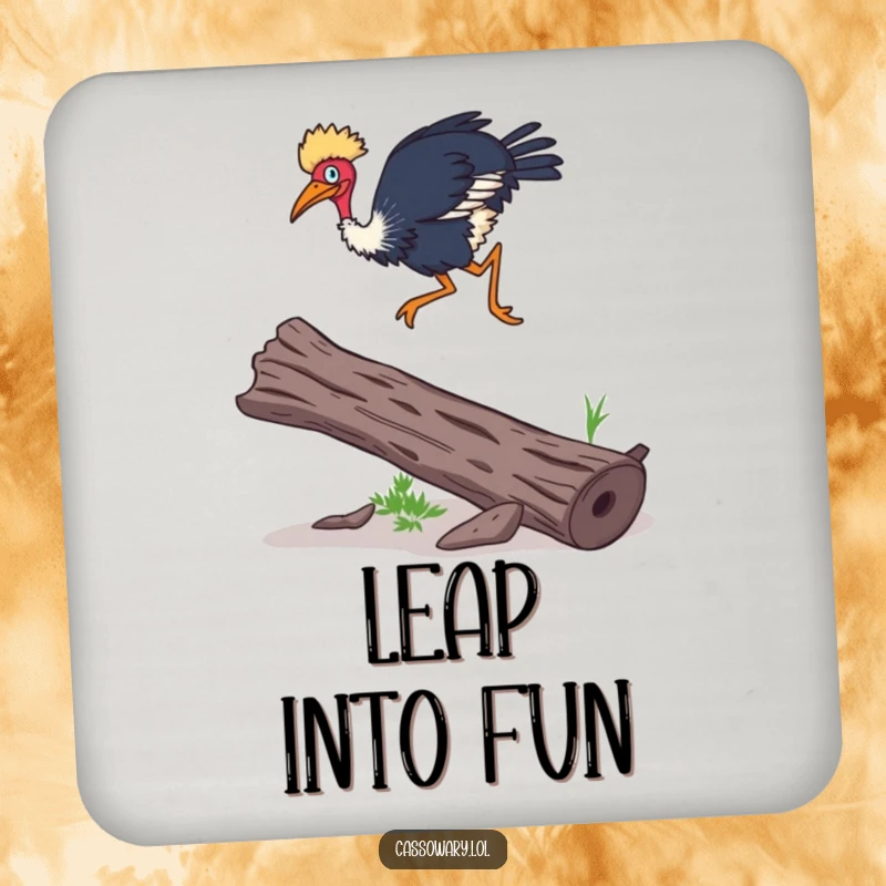 Funny Cassowary drink coaster featuring a cassowary leaping over a log with surprising agility, protecting surfaces with a humorous touch.