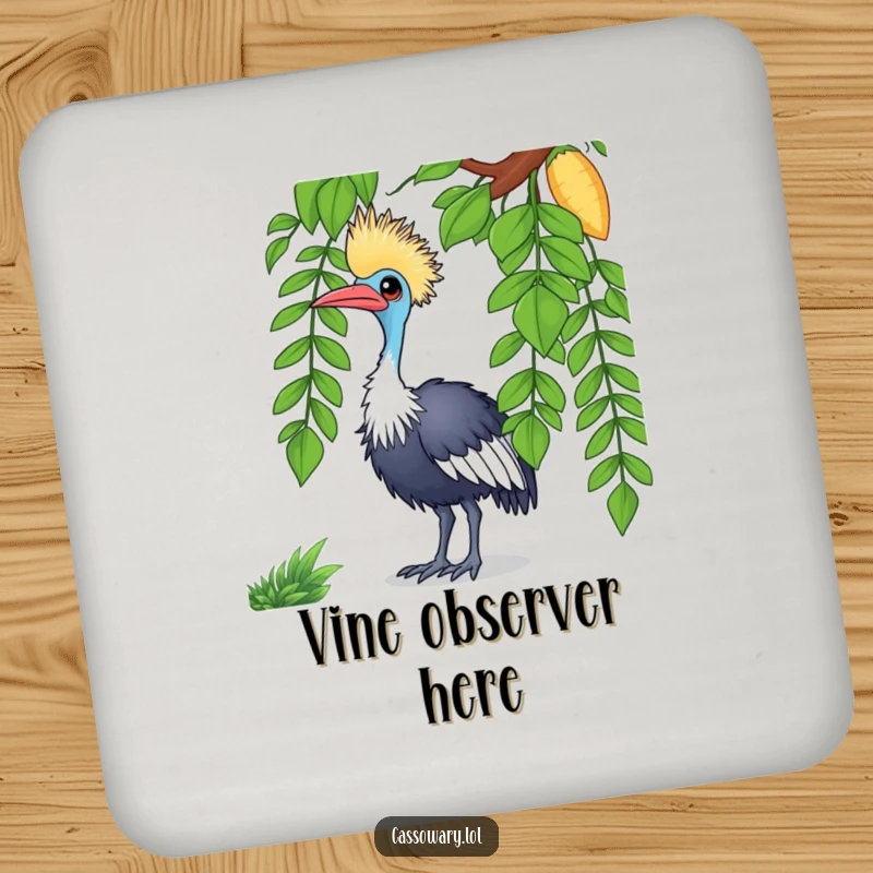 Funny cassowary drink coaster with a curious bird tilting its head at a vine, protecting surfaces with humor.