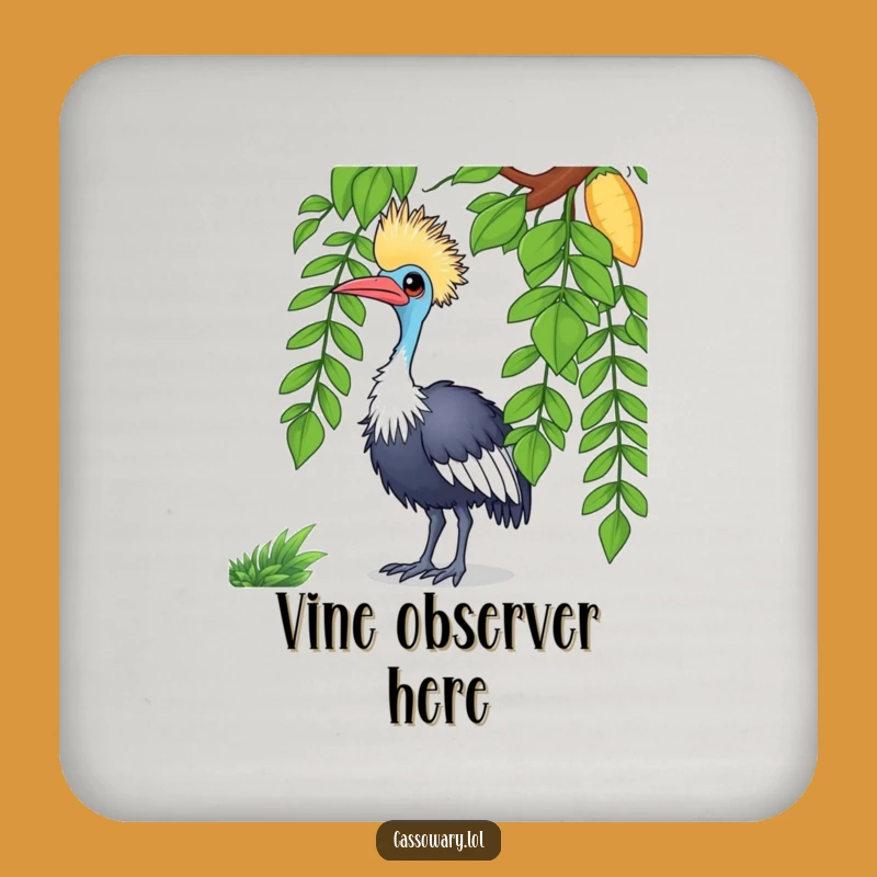 Funny Cassowary Coaster - Curious Bird, Vine Design