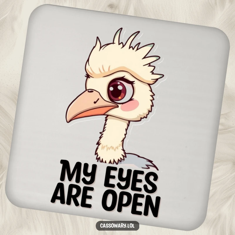 Funny Cassowary Drink Coasters: Humorous coasters with a cassowary’s one eye wide, humorously spotting and preventing drink rings.