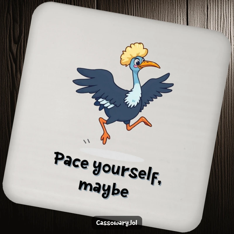 Funny Cassowary Coaster: A cassowary in a quick dash with powerful legs, showing speed. Protects surfaces with humor. Great gift.