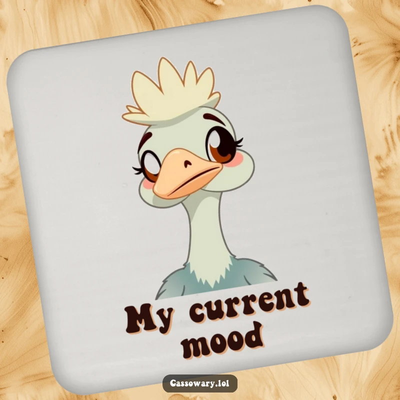 Funny cassowary drink coaster with an amused bird design, perfect for protecting surfaces with a dose of humor.