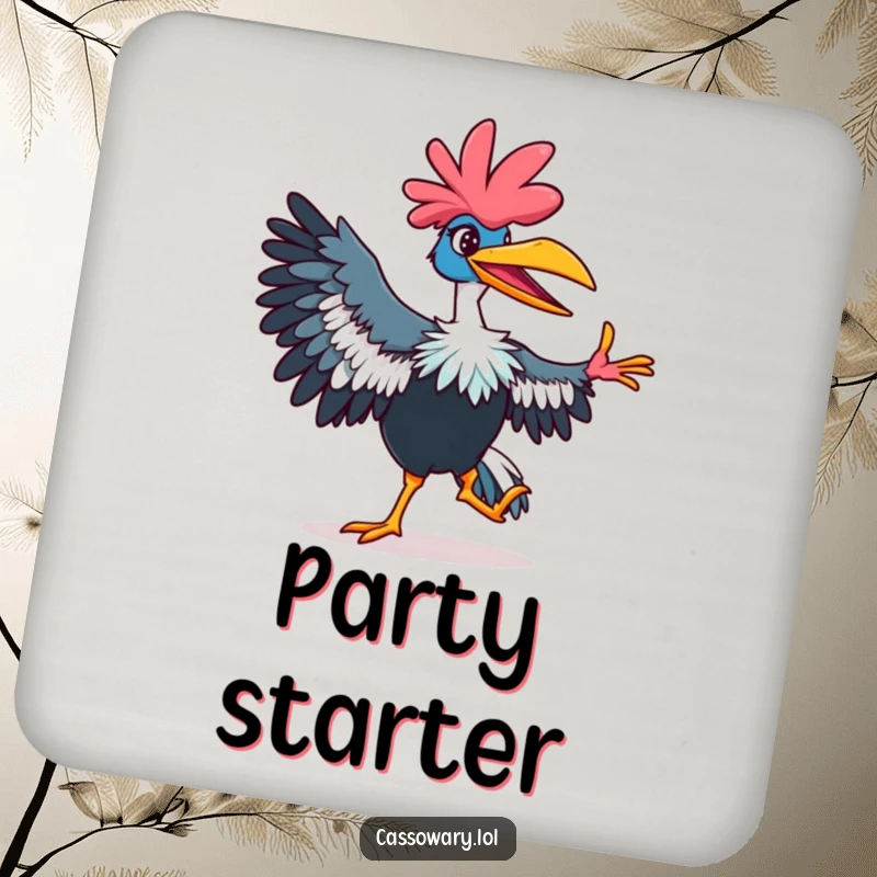 Funny cassowary drink coaster featuring a vibrant, dancing bird with a playful grin, perfect for adding humor.
