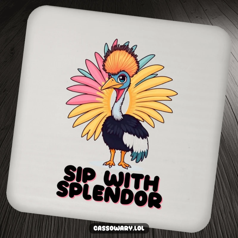 Funny cassowary coaster with a proud bird displaying a large, colorful feather, protecting tables with style.