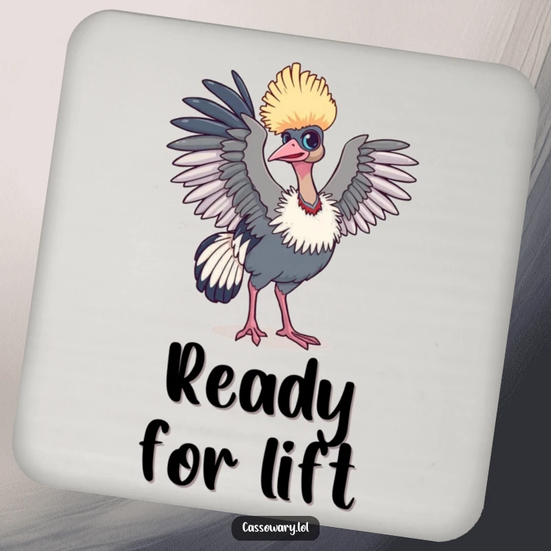 Funny cassowary coaster featuring a bird with wings slightly raised, ready for flight, adding humorous protection.