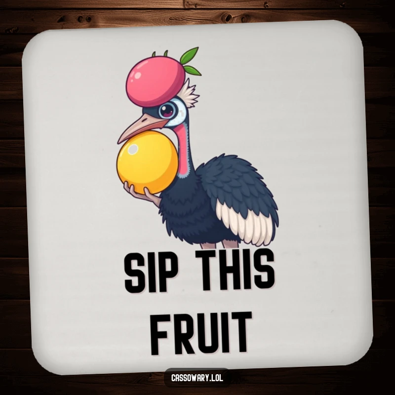 Funny Cassowary drink coaster featuring a cassowary balancing a large fruit on its head, protecting surfaces with a humorous touch.