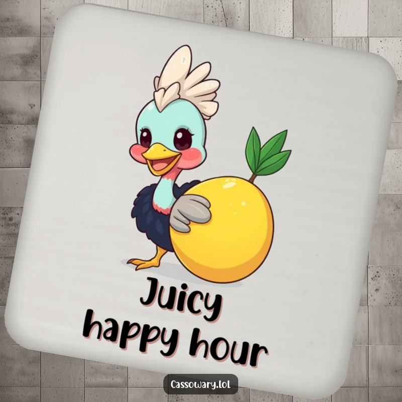 Funny Cassowary Fruit Nudge Drink Coaster: A smiling cassowary nudging a fruit, protecting your table. A funny gift.