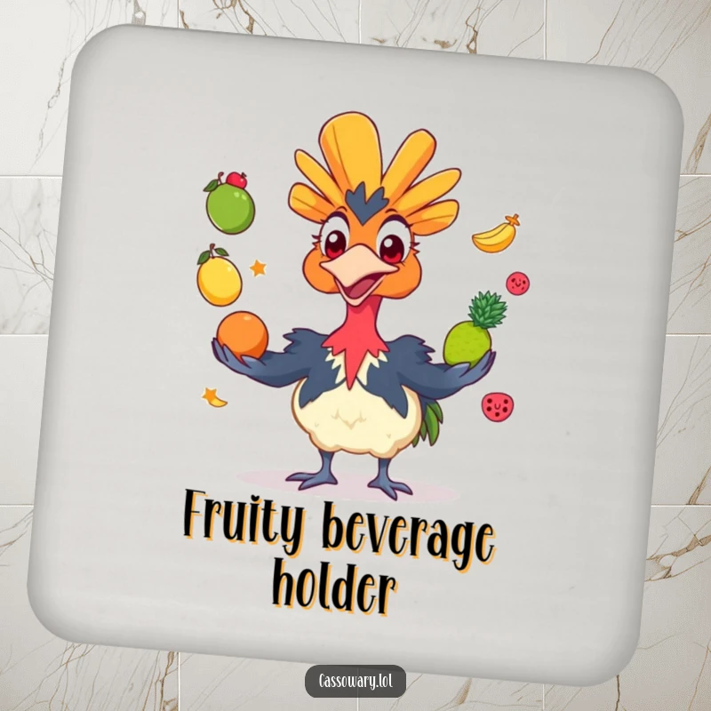 Funny cassowary coaster featuring a grinning bird juggling colorful fruits, protecting surfaces with a humorous and artistic bird design.