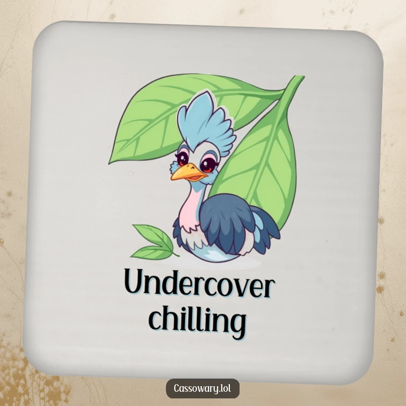 Funny cassowary coaster featuring a cheerful bird peeking from behind a large leaf, protecting surfaces with a humorous and charming design.