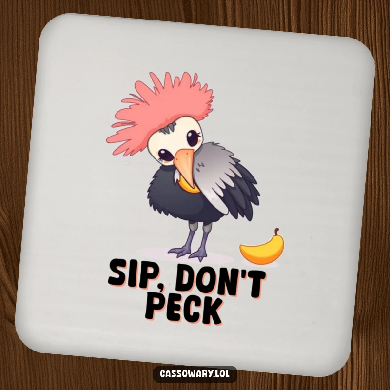Funny drink coaster featuring a cassowary playfully nudging a fallen mango, protecting surfaces with avian-themed humor.