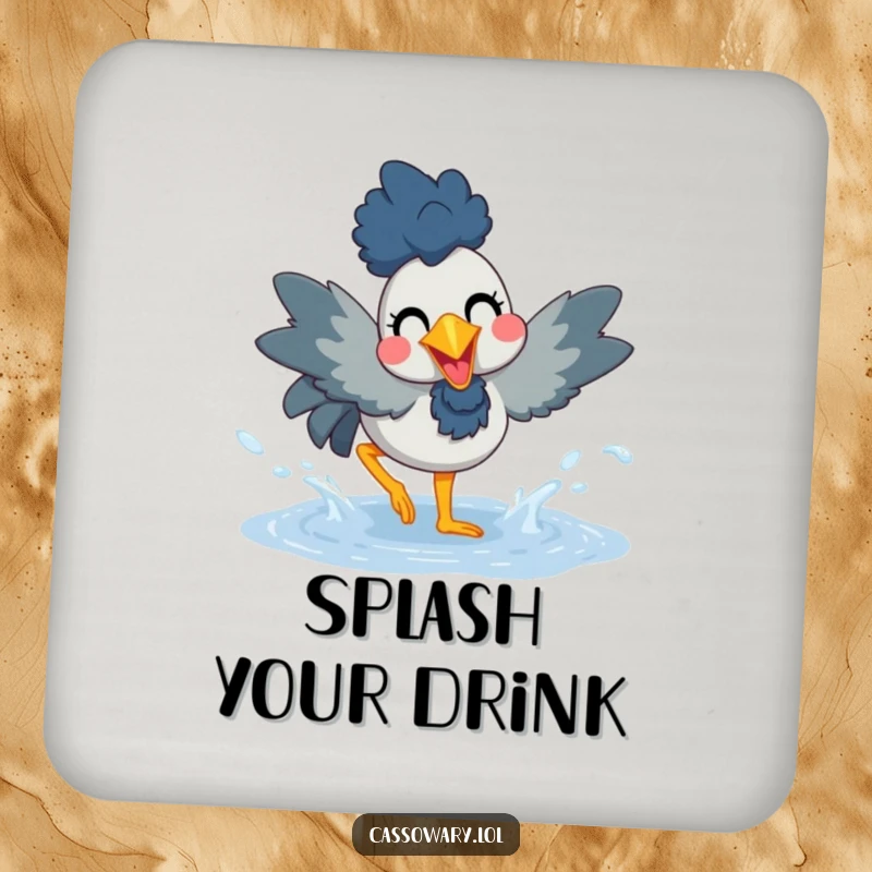 Funny drink coaster with a cassowary joyfully splashing in a puddle, protecting surfaces and spreading cheerful vibes.