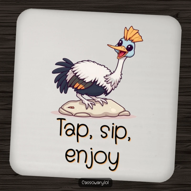 Funny Cassowary Coaster showing a bird joyfully tapping its beak on a stone, perfect for protecting surfaces.