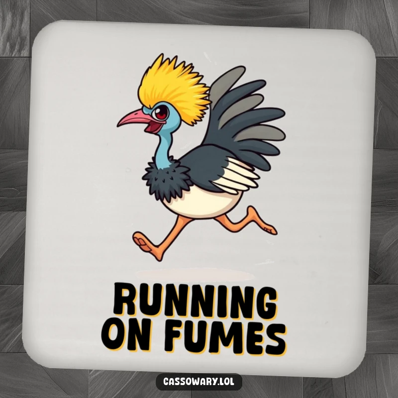 Funny cassowary coaster featuring a determined bird running energetically, adding a humorous touch to any table setting.