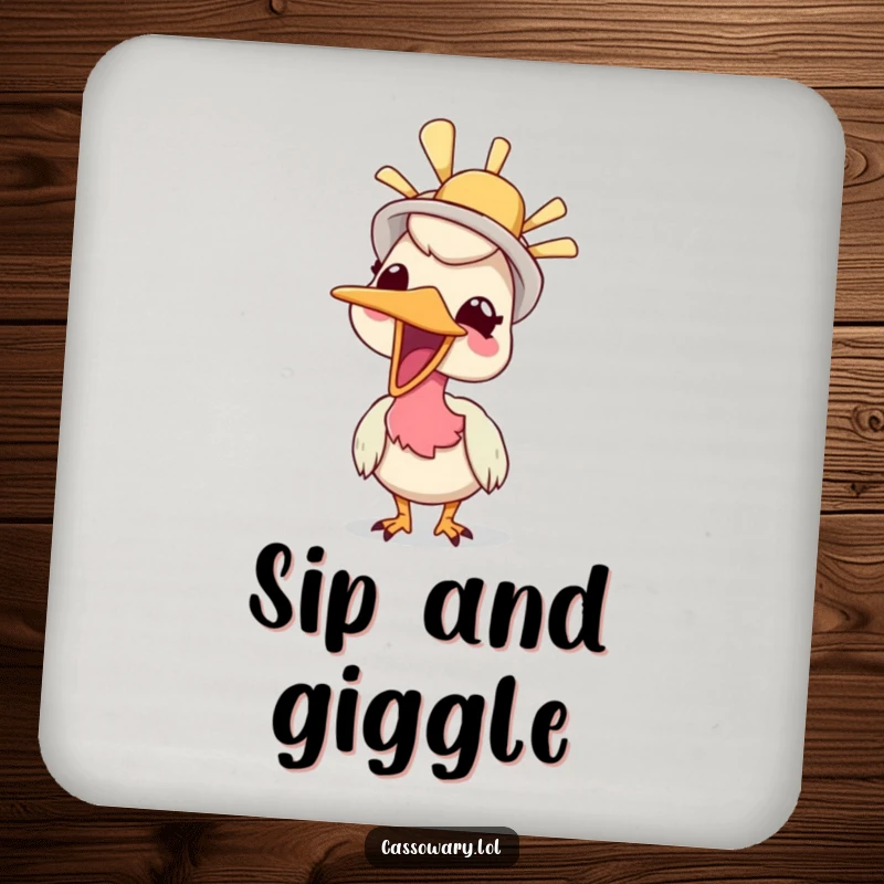 Funny drink coaster featuring a cassowary giggling while wearing a silly hat, adding a touch of cheerful humor to tables.