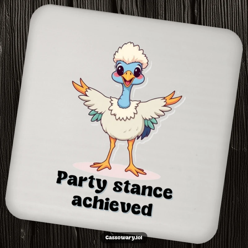 Funny cassowary coasters, a happy cassowary stands with legs spread wide, great for protecting tables with a quirky bird theme.