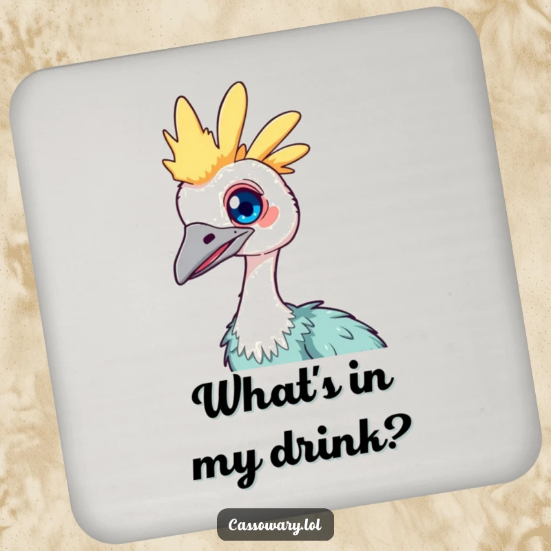 Funny Kawaii Cassowary Coaster: Features a cute bird with a bright eye, curiously tilting its head, protecting surfaces with style.